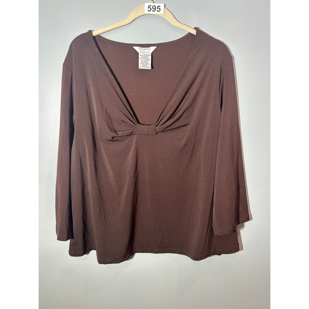 George Womens Plus Brown V-Neck Pleated Knot Long Sleeve Knit Top Blouse 22W 24W